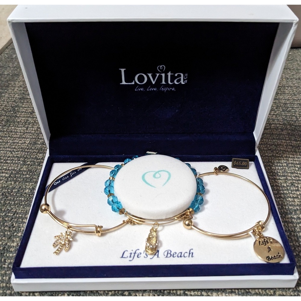 3 PC Bracelet Set Life's A Beach New Gift Ocean Flip Flop Palm Dangle Nautical
